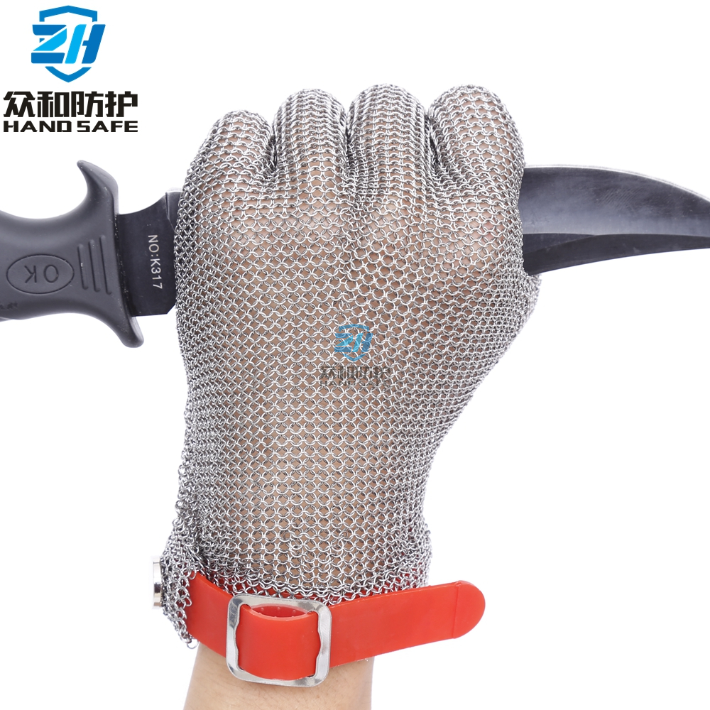 welded ring mesh stainless steel gloves with TPU strap 